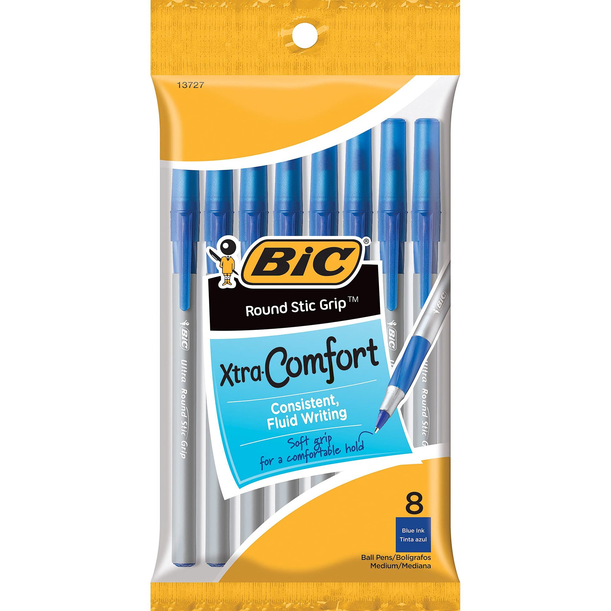 BIC Round Stic Grip Ballpoint Pen, Blue, 8ct